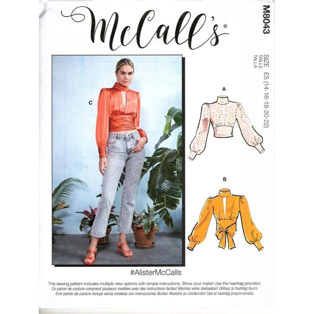McCall's M8043 Misses 14 to 22 Deep V Crop Tops UNCUT Sewing Pattern